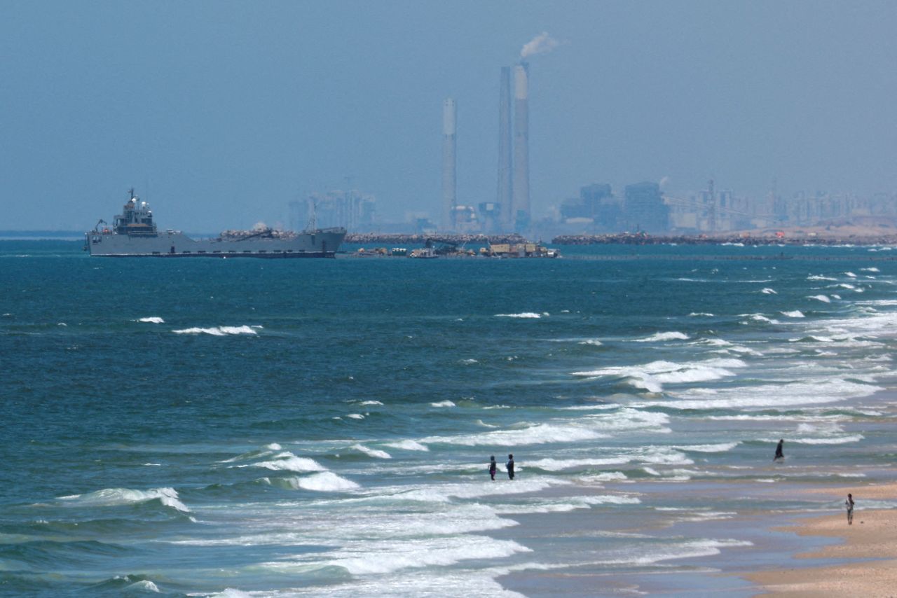 A ship is pictured off the coast of Gaza near a temporary floating pier anchored by the United States on May 16.