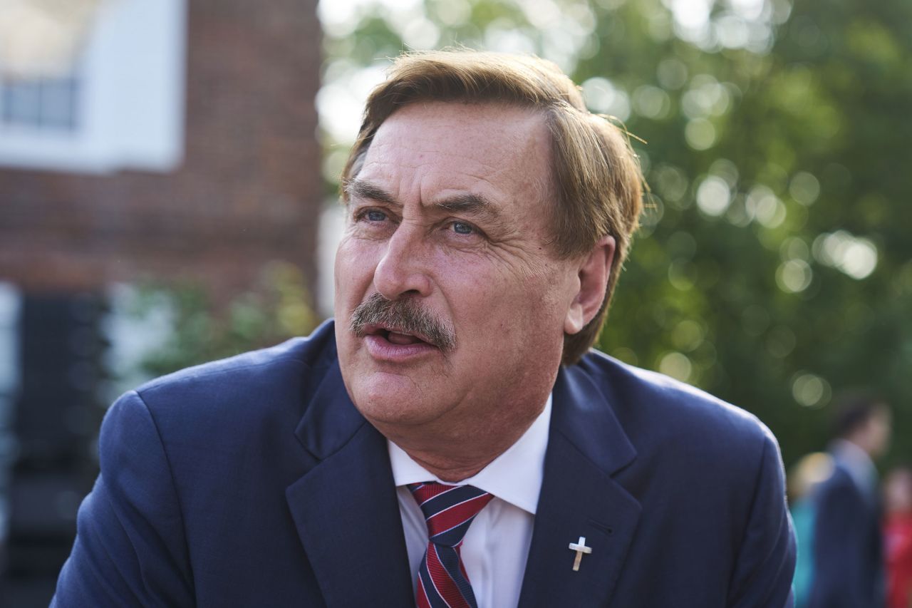 In this June 2023 photo, Mike Lindell speaks to members of the media before a speech by former US President Donald Trump during an event at Trump National Golf Club in Bedminster, New Jersey.