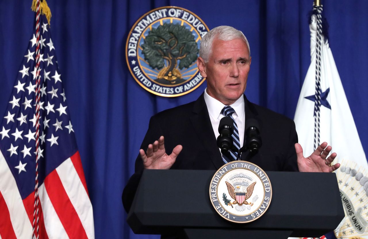 Vice President Mike Pence speaks during a press briefing at the U.S. Department of Education July 8 in Washington, DC. 