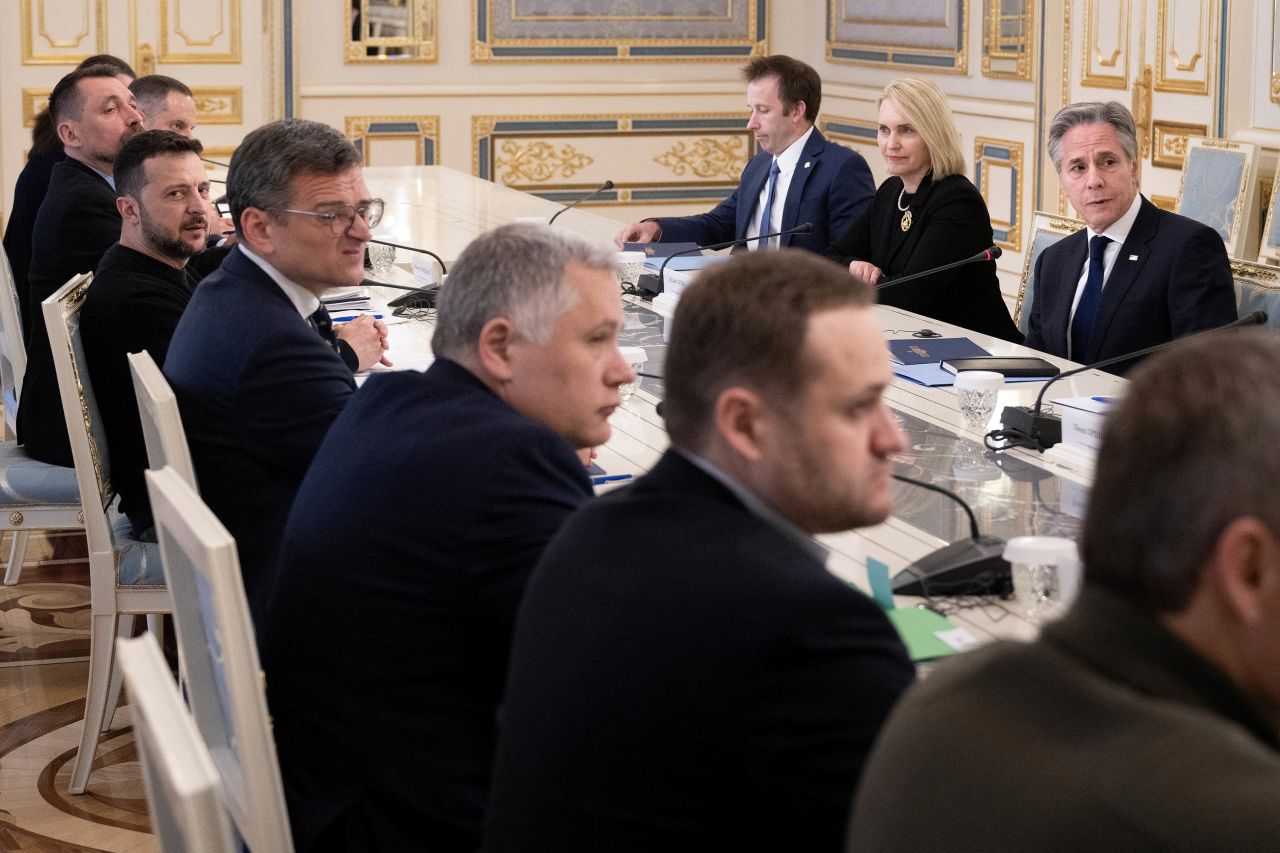 Ukraine's President Volodymyr Zelensky meets with US Secretary of State Antony Blinken and members of their delegations in Kyiv on May 14.
