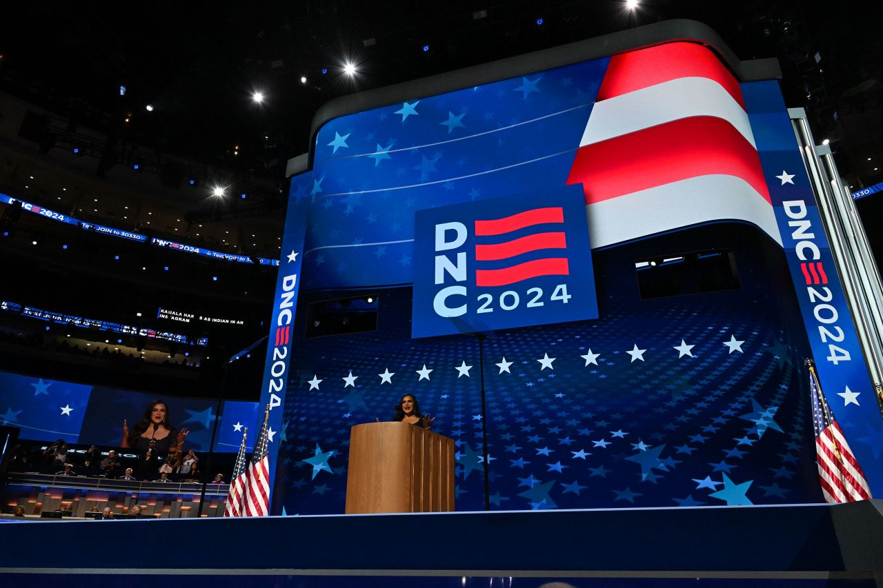 Actress Mindy Kaling speaks at the DNC on Wednesday, August 21, in Chicago. 