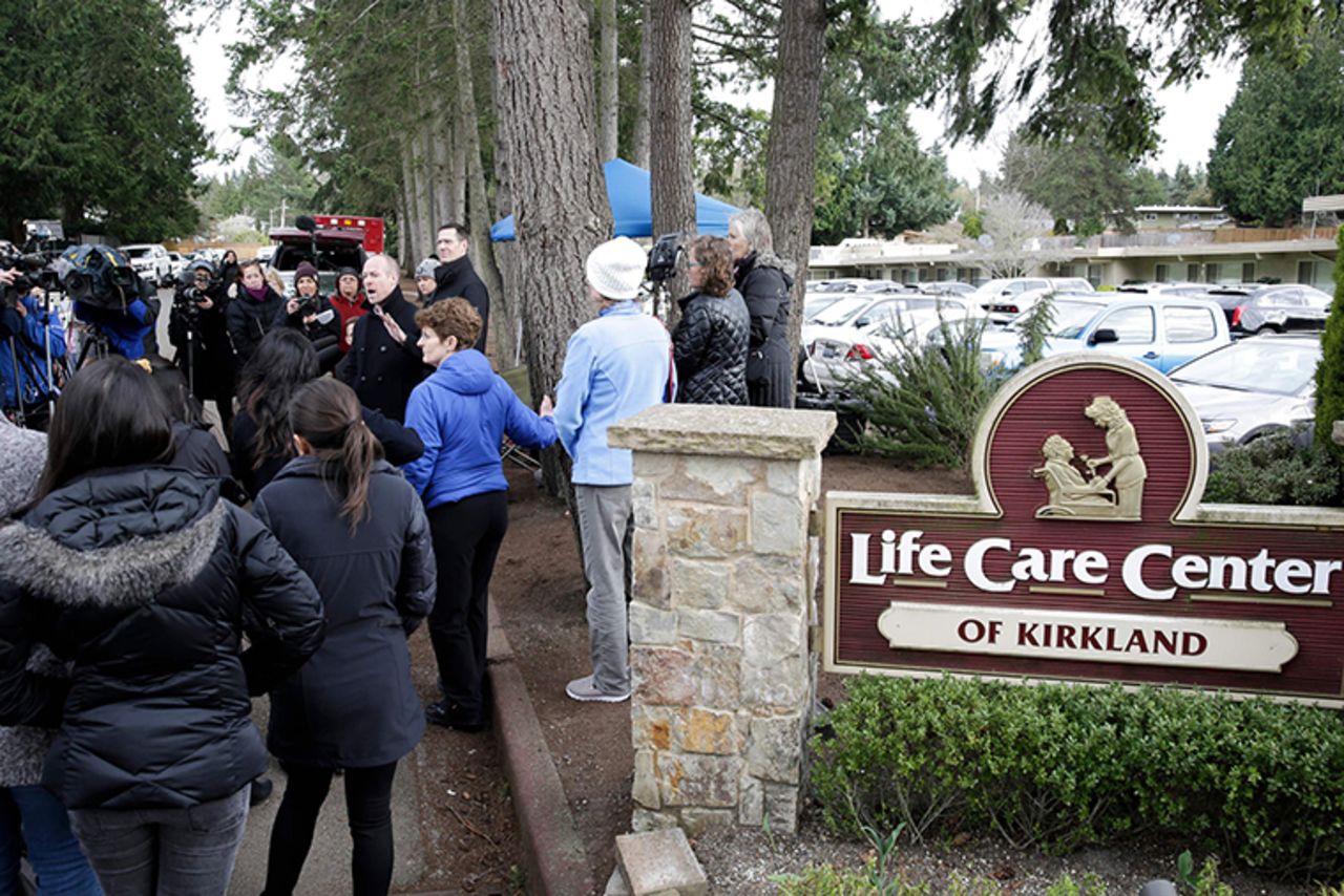 Family members of residents of the Life Care Center, speak during a news conference in Kirkland, Washington on Thursday, March 5. 