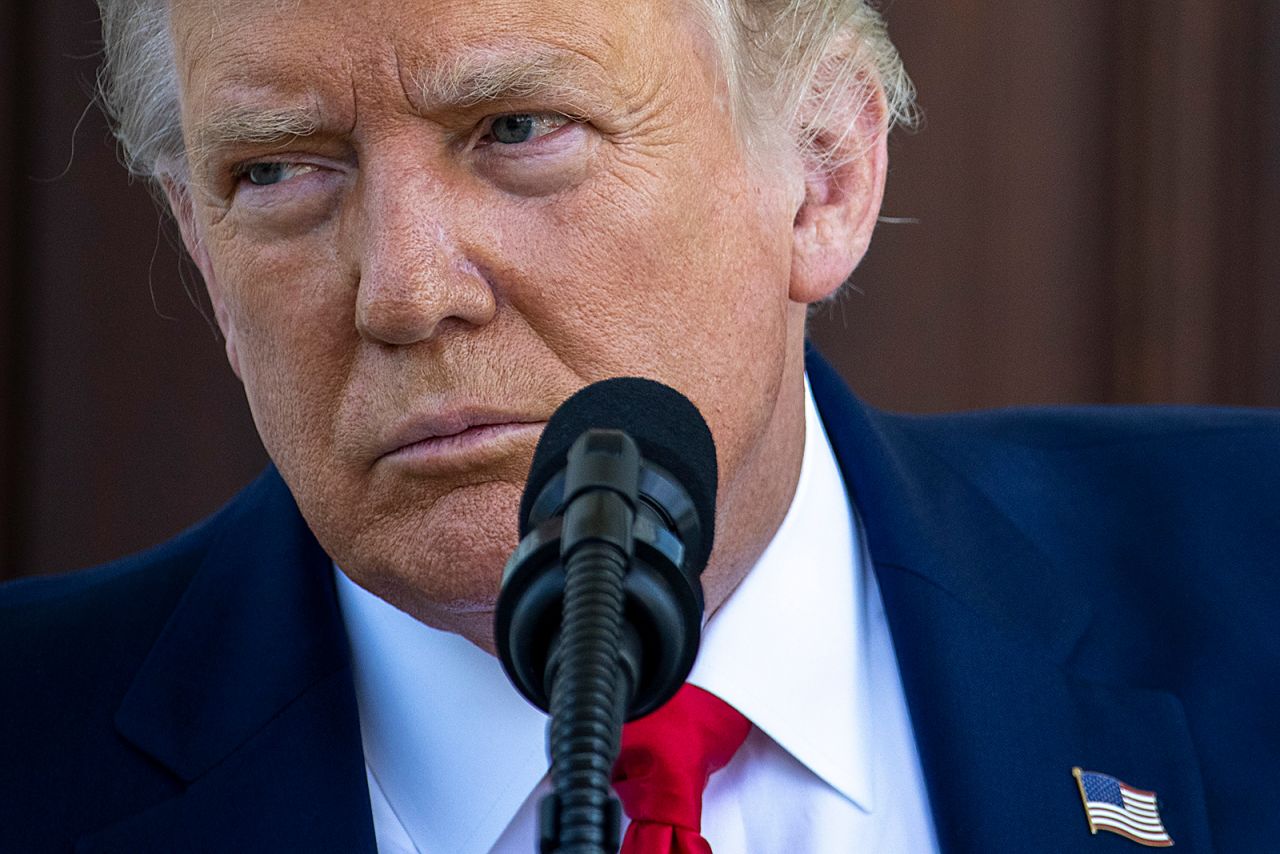 US President Donald Trump takes questions after delivering remarks during a news conference at the North Portico at the White House on September 7, 2020 in Washington, DC.?