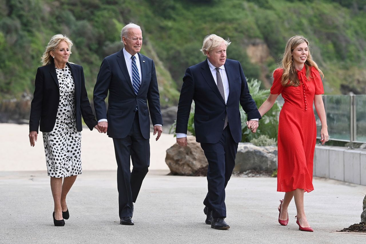 The Johnsons and the Bidens outside Carbis Bay Hotel in Cornwall ahead of the G7 summit on Thursday. 