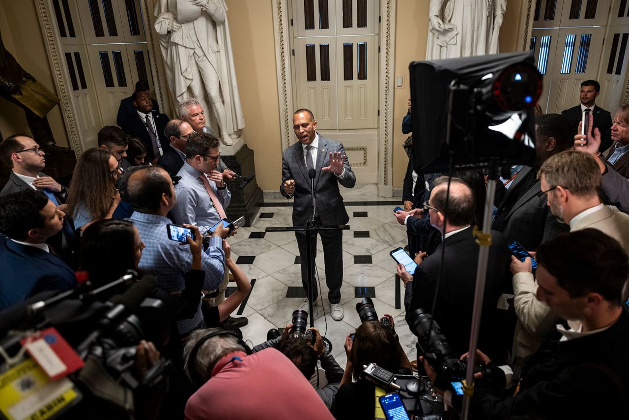 House Minority Leader Hakeem Jeffries speaks during a media availability in the US Capitol building on Monday, July 22,  in Washington, DC.