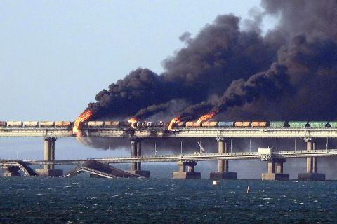 Black smoke billows from a fire on the Kerch bridge, on October 8.