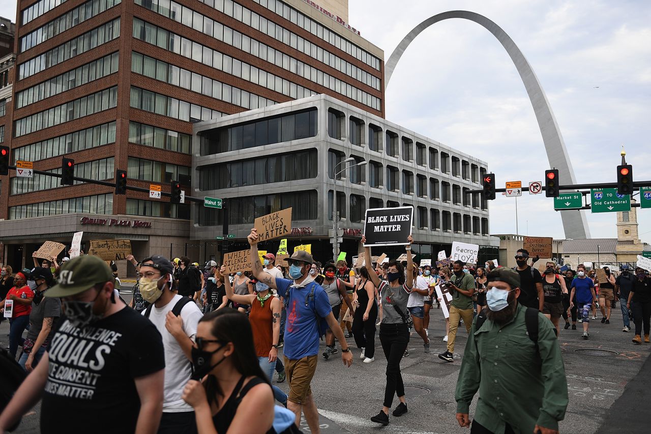 Protesters demonstrate against police brutality and the death of George Floyd through downtown St. Louis on June 1, in St Louis, Missouri.