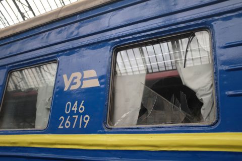 A shelled train in Lviv’s train station on Friday, April 22.