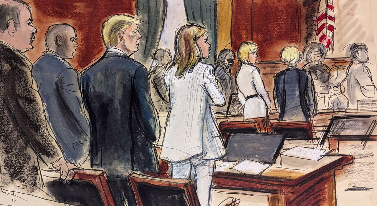 In this courtroom sketch, prospective jurors file into a New York courtroom as Donald Trump, third left, stands surrounded by his defense team on Tuesday.