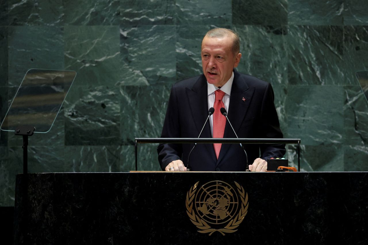 Turkey's President Tayyip Erdogan addresses United Nations General Assembly on Tuesday.