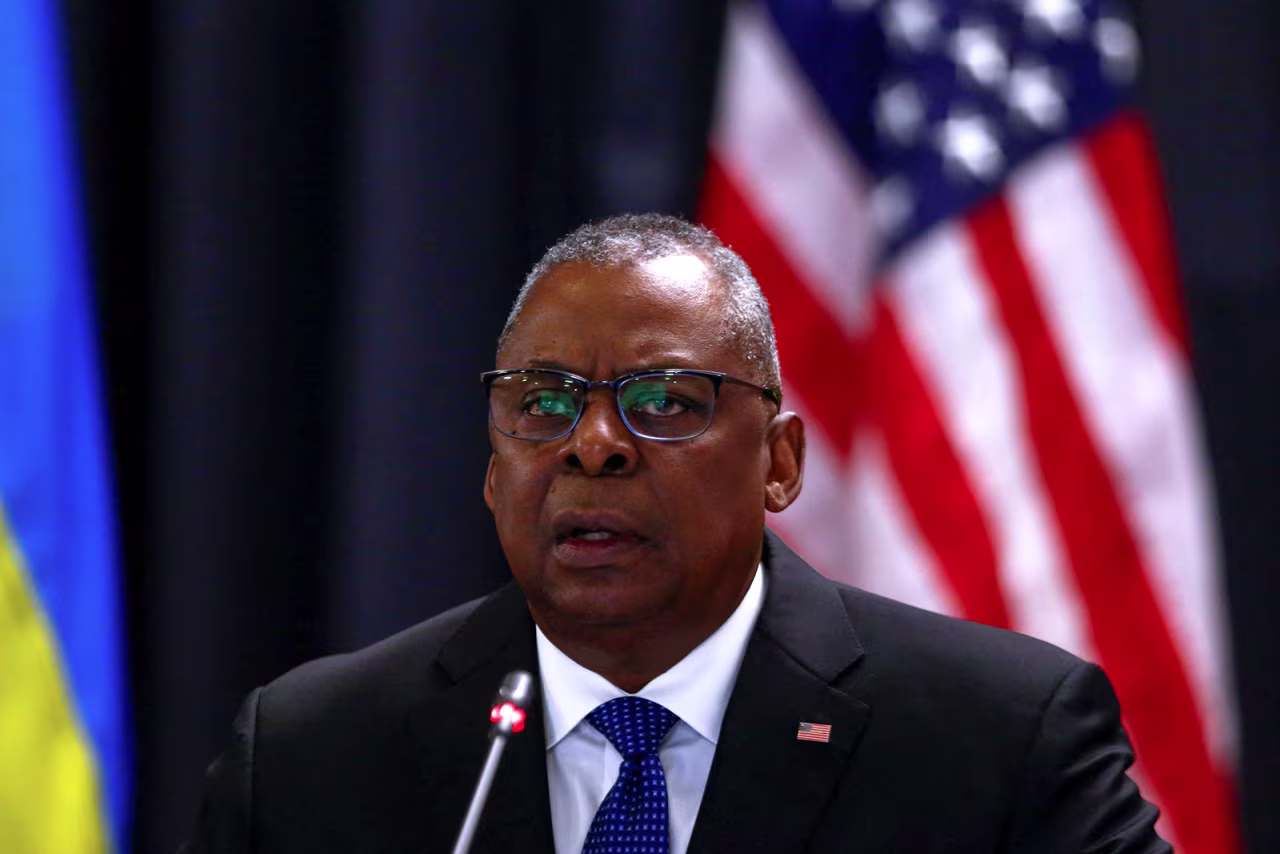 U.S. Secretary of Defense Lloyd J. Austin attends a meeting of the Ukraine Defense Contact Group at the American military's Ramstein Air Base in Germany on September 8.