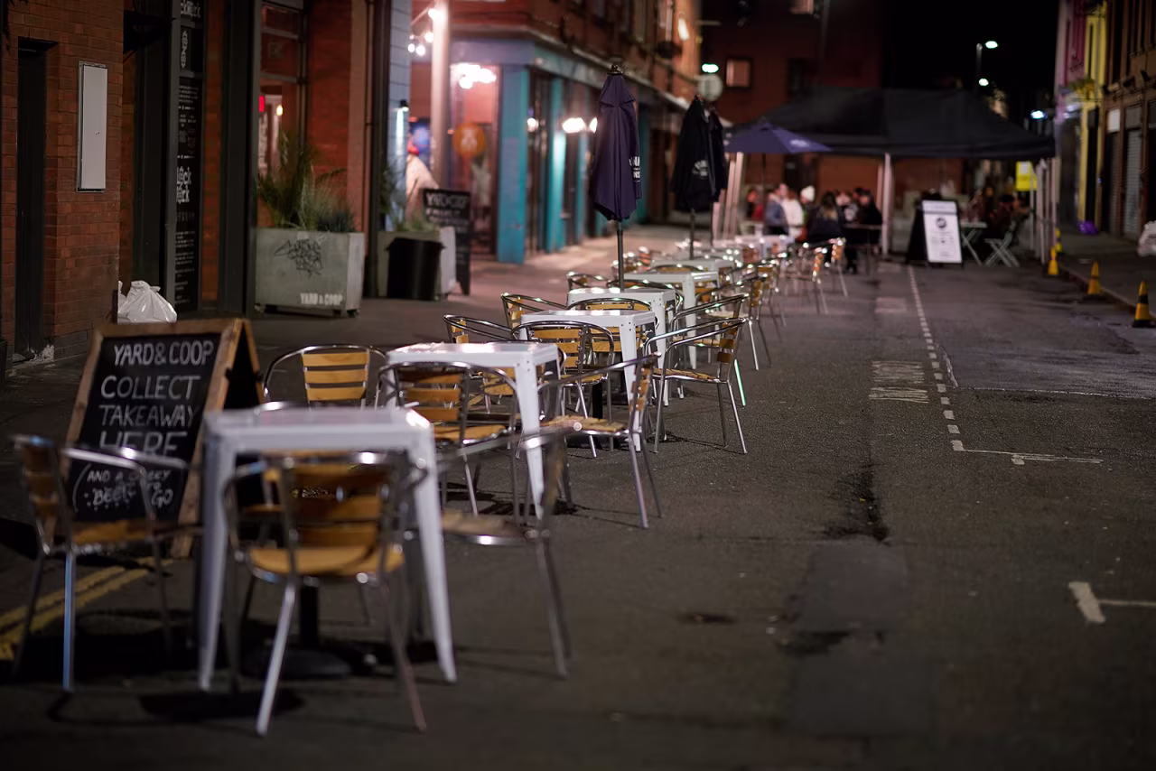Empty tables and chairs on the eve of new Tier-3 Covid-19 restrictions in Manchester, England, on October 22.