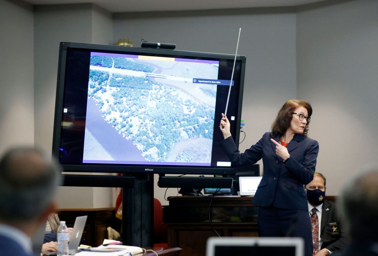 Prosecutor Linda Dunikoski speaks during opening statements at the Glynn County Courthouse in Brunswick, Georgia, on November 5.