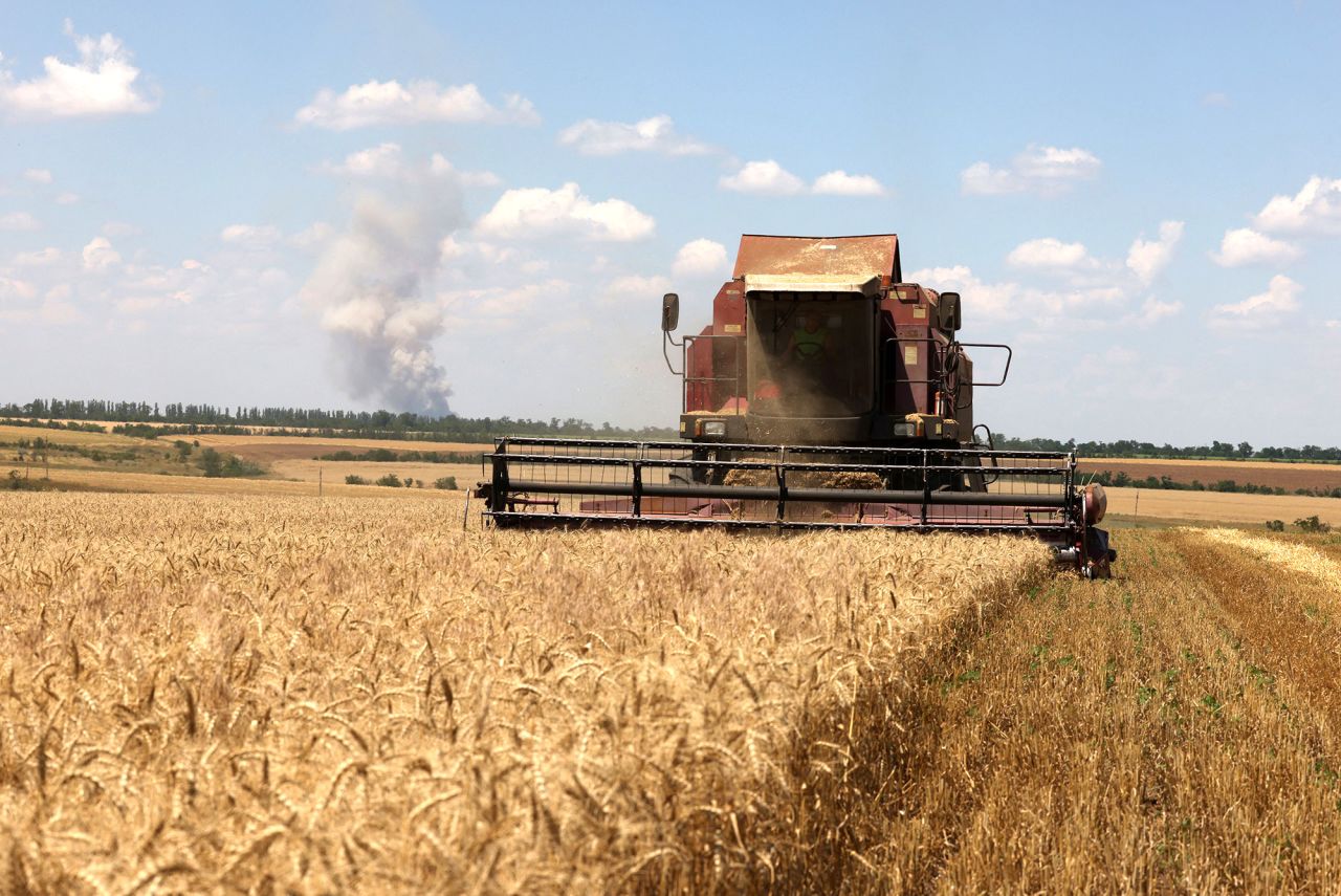 A combine harvester cuts wheat in a field near Novosofiivka village, Mykolaiv region, Ukraine, on July 4.