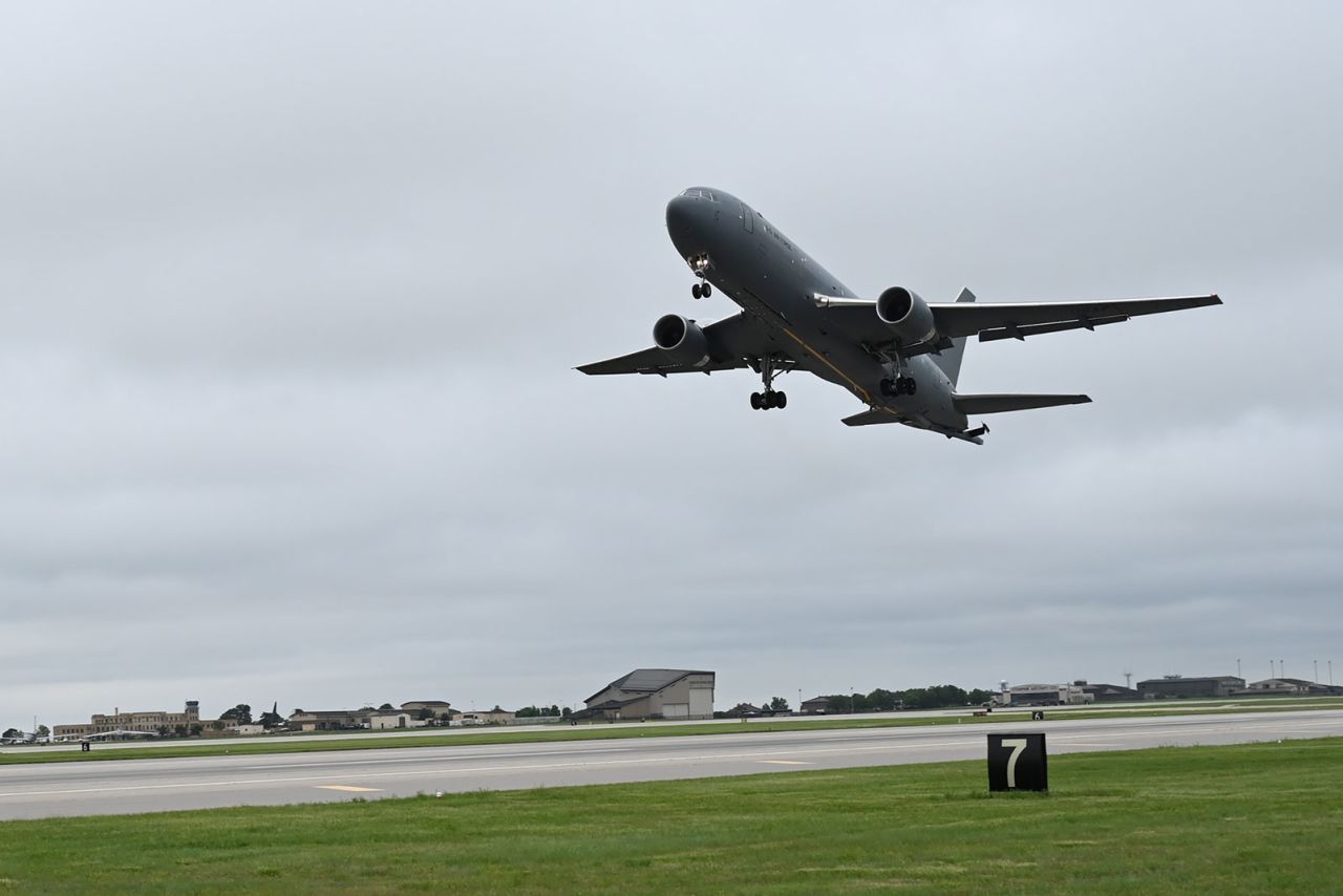 An aircraft takes off from McConnell Air Force Base in a photo released by the base on Monday.