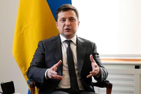 Ukrainian President Volodymyr Zelensky speaks during a meeting with British Prime Minister Boris Johnson at a security conference in Munich, Germany, on February 19.