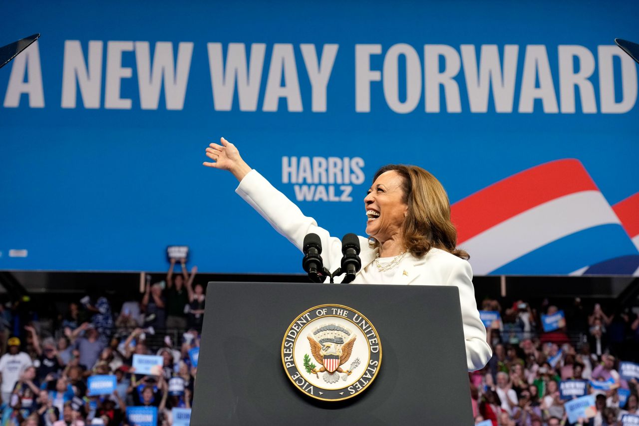 Vice President Kamala Harris speaks at a campaign rally in Savannah, Georgia, on August 29. 