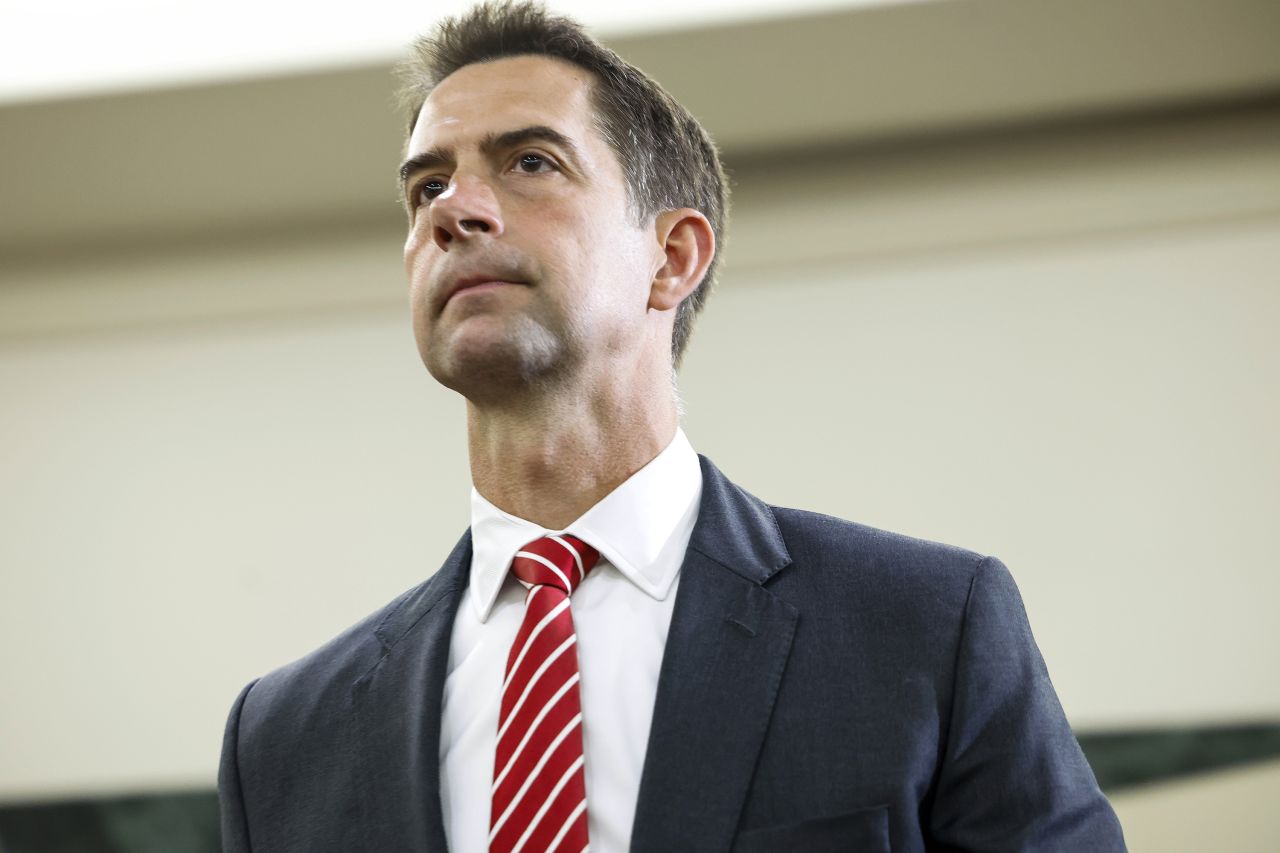 US Sen. Tom Cotton departs from a luncheon with Republican presidential candidate former US President Donald Trump on June 13, in Washington, DC.