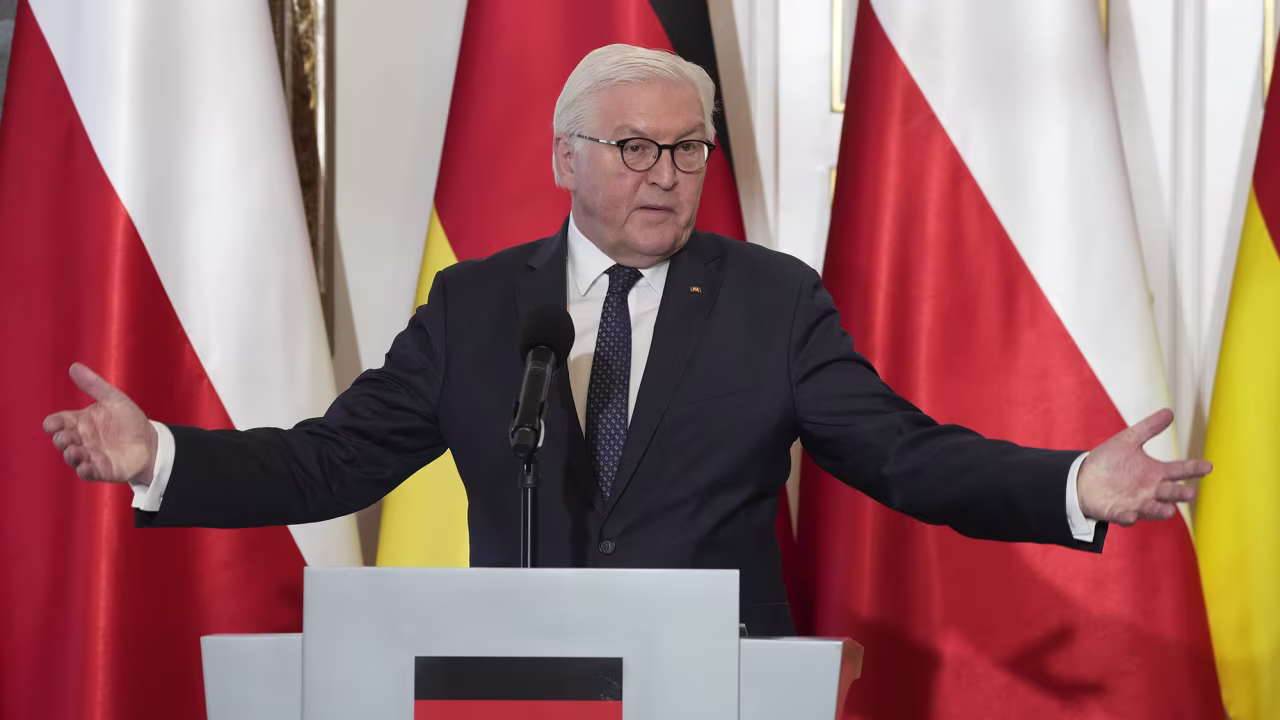 German President Frank-Walter Steinmeier gestures during a news conference with Polish President Andrzej Duda in Warsaw, Poland on Tuesday, April 12.
