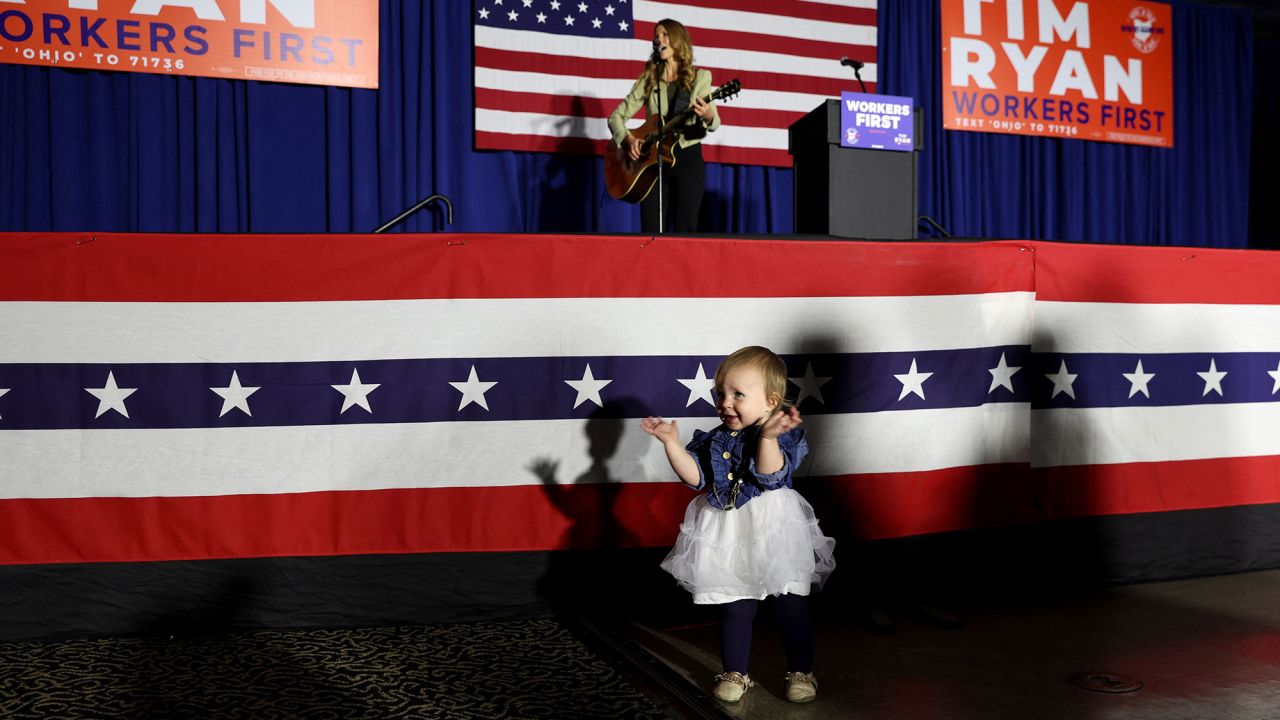 Lucy Grimes, 15 months old, plays in front of the stage at the watch party for US Rep. Tim Ryan in Boardman, Ohio. Ryan, a Democrat, is running for the Senate.