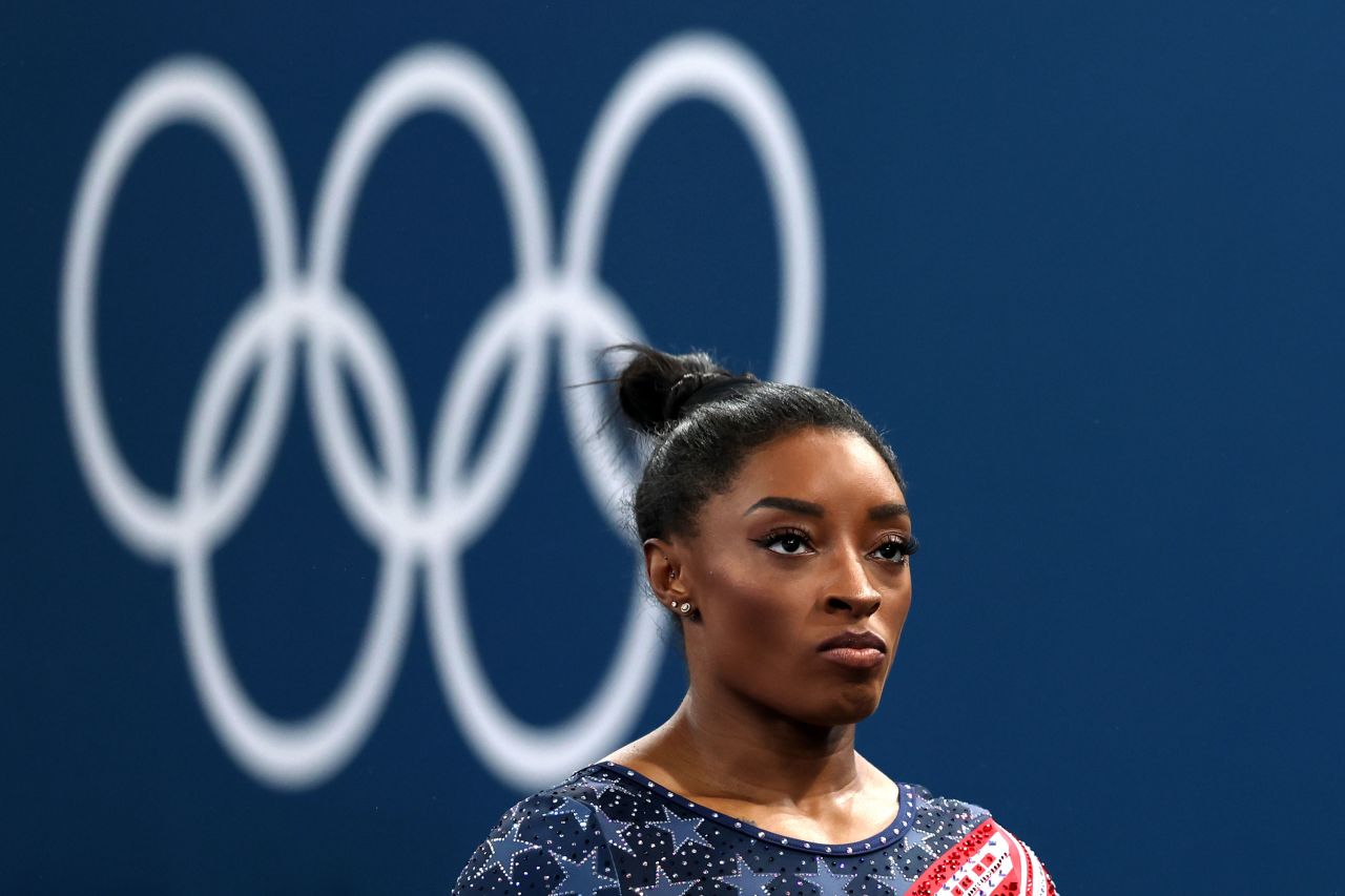Simone Biles looks on during competition on Tuesday.