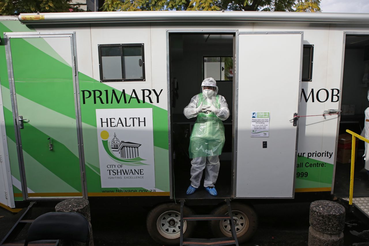 A City of Tshwane Health official stands at the mobile testing unit while waiting to conduct tests for the COVID-19 coronavirus at the Bloed Street Mall in Pretoria Central Business District, on June 11, 2020. 