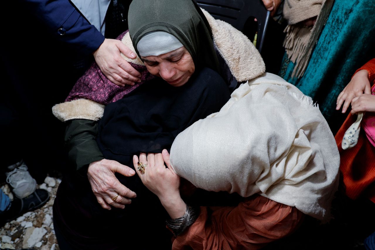 Family members welcome released Palestinian prisoner Fatima Amarneh near Jenin, in the Israeli-occupied West Bank, on Saturday. 