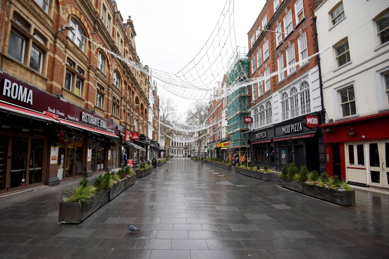 A deserted Leicester Square on January 5, in London, England. British Prime Minister Boris Johnson made a national television address on Monday evening announcing England will enter another coronavirus lockdown.