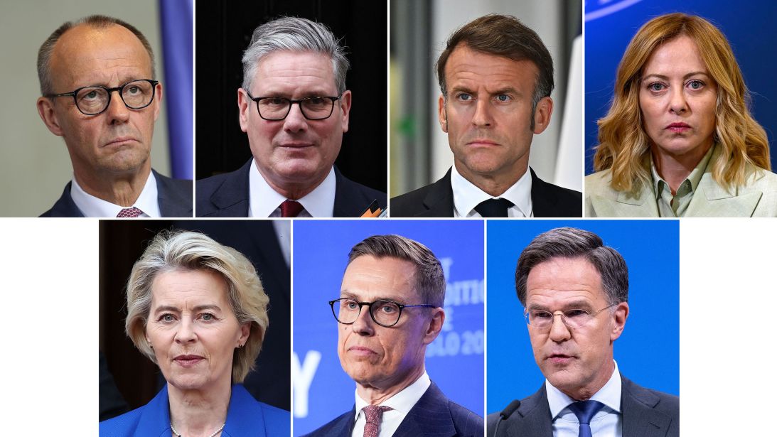 Top row from left: Germany Chancellor Friedrich Merz, British Prime Minister Keir Starmer, French President Emmanuel Macron and Italian Prime Minister Giorgia Meloni. Bottom row from left: European Commission President Ursula von der Leyen, Finnish President Alexander Stubb and NATO Secretary General Mark Rutte.