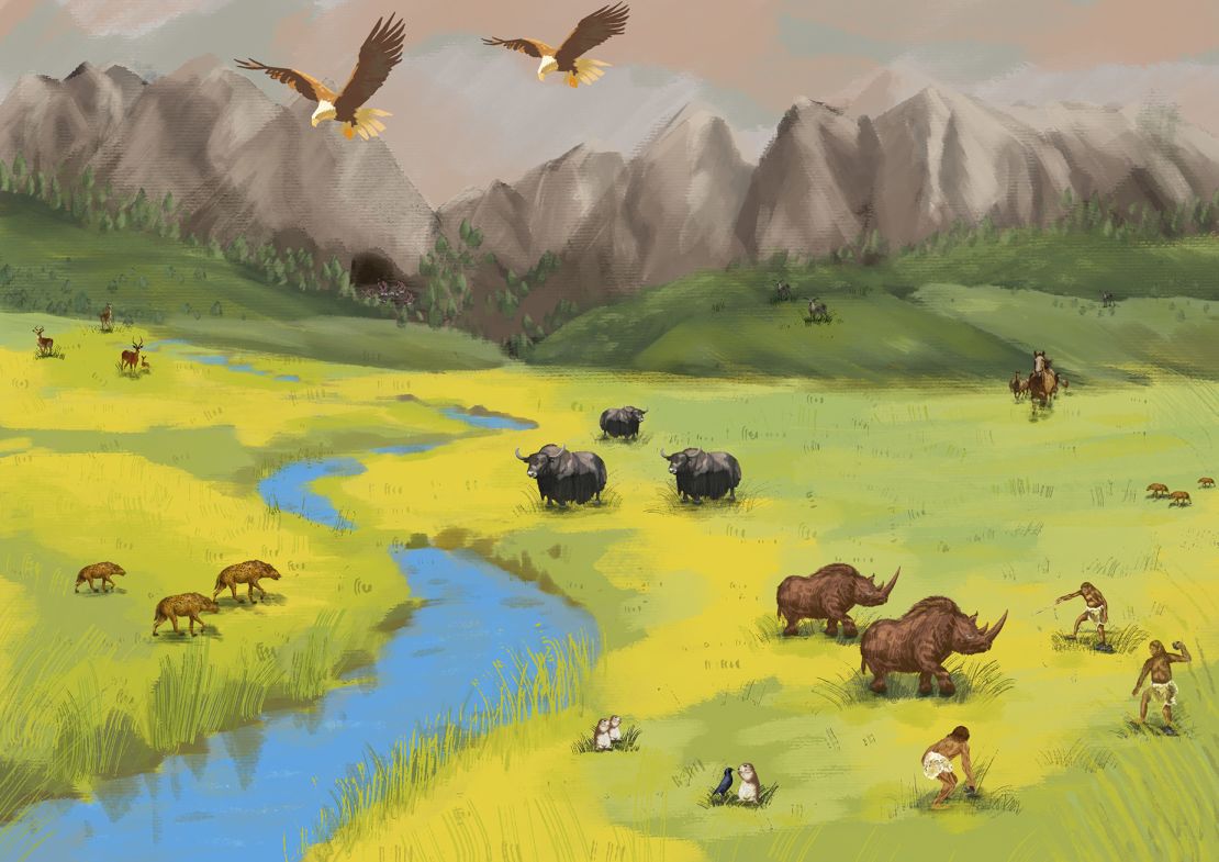 An artist's impression of the Stone Age landscape of Ganjia Basin where Baishiya Karst Cave is located, depicting some of the animals which were identified by archaeologists via bone analysis.