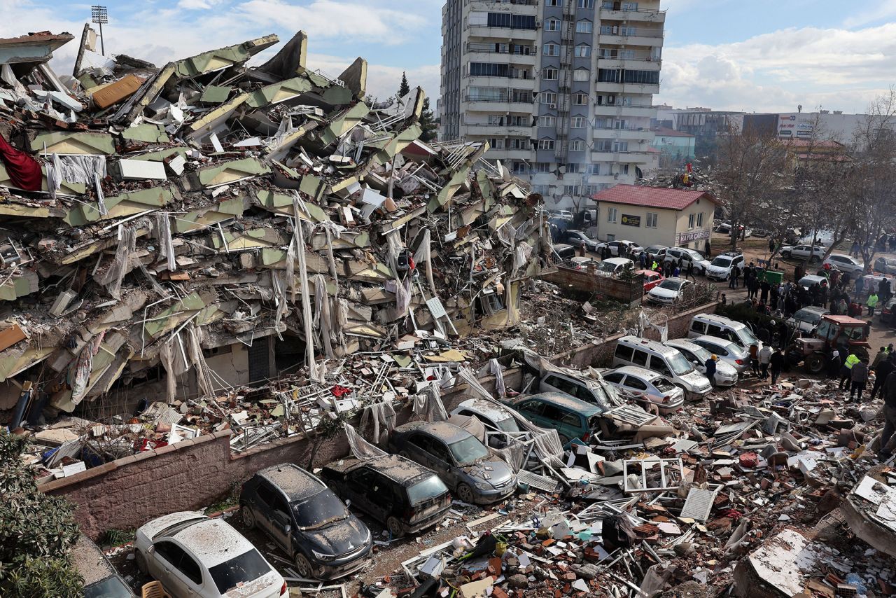 Debris from a collapsed building surrounds an area in Kahramanmaras,?Turkey.