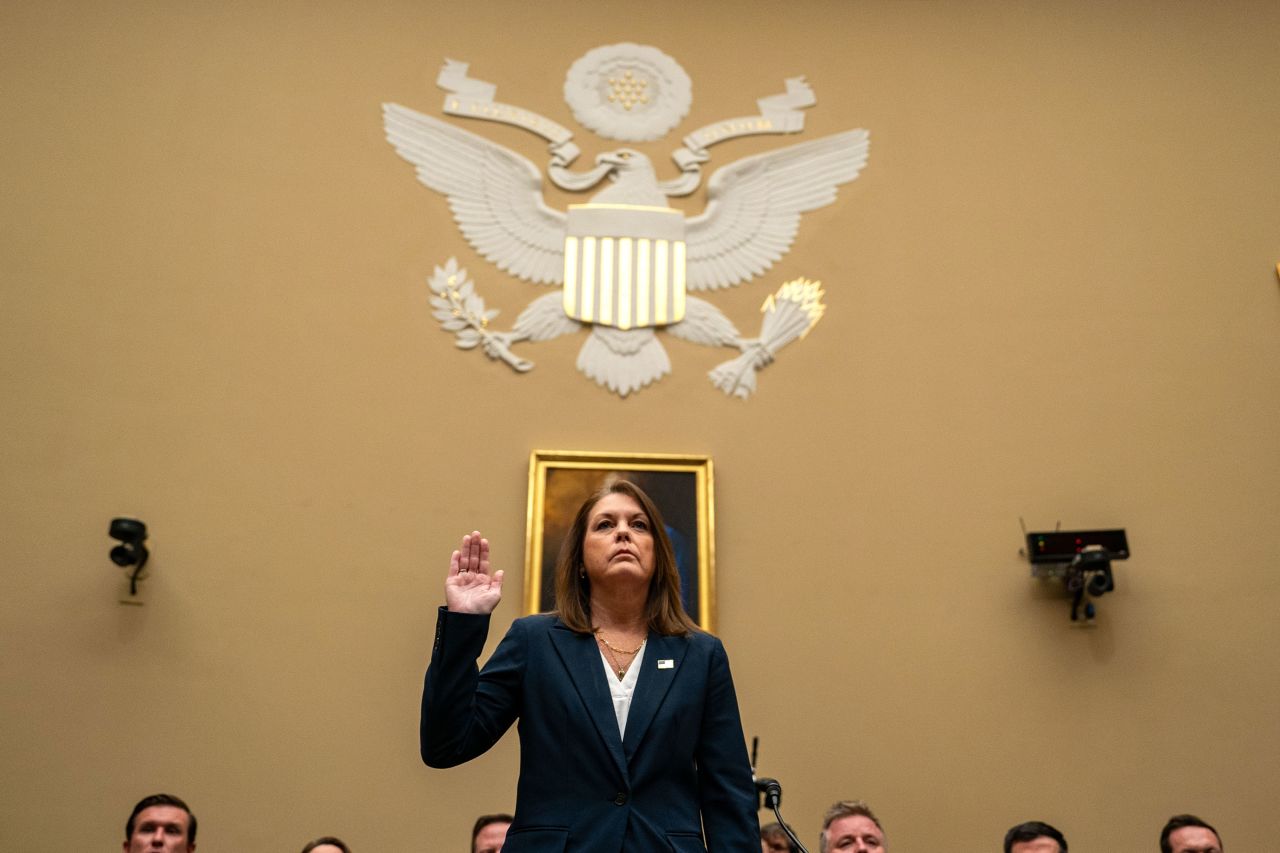 United Sates Secret Service Director Kimberly Cheatle is sworn in before testifying before the House Oversight and Accountability Committee during a hearing at the Rayburn House Office Building on July 22 in Washington, DC. 