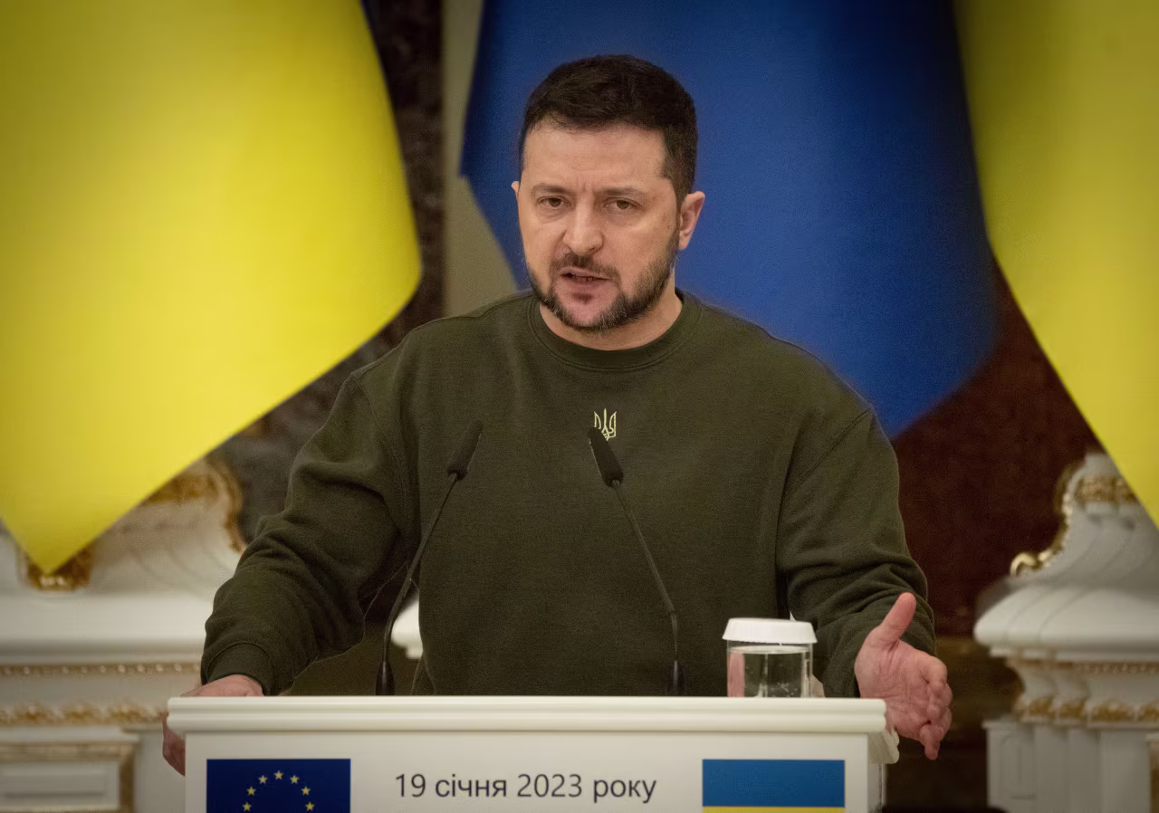 Ukrainian President Volodymyr Zelensky speaks during a news conference with European Council President Charles Michel after their meeting in Kyiv, Ukraine, on Thursday.