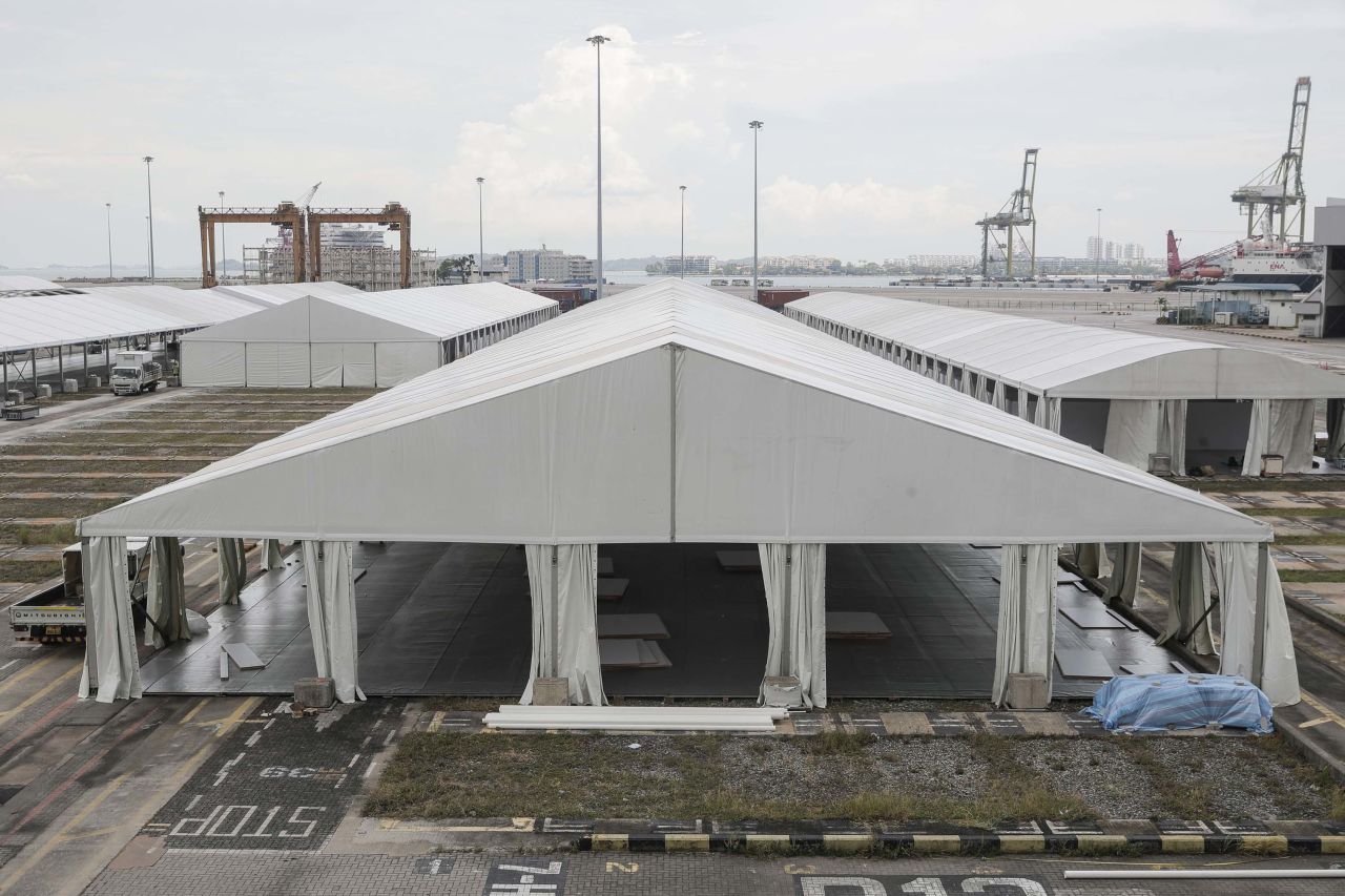 Tents are constructed for use as an isolation facility for COVID-19 patients at the Tanjong Pagar Terminal in Singapore, on April 24.