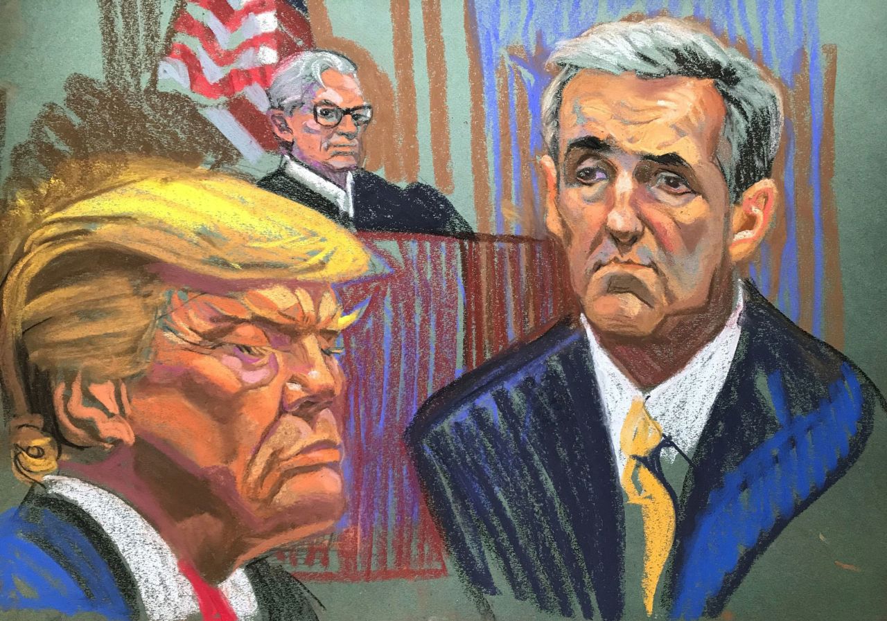 This court sketch shows former President Donald Trump, Judge Juan Merchan and Michael Cohen at Manhattan Criminal Court on May 16 in New York.