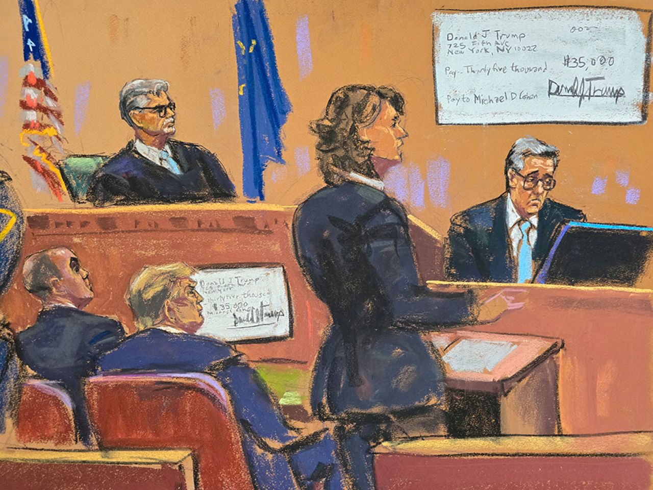 Michael Cohen is questioned by prosecutor Susan Hoffinger before Judge Juan Merchan while a reimbursement check is shown on screen in Manhattan state court in New York City, on May 14, in this courtroom sketch. 