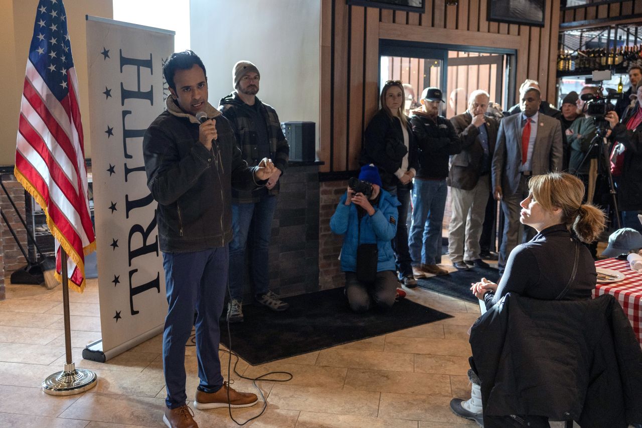 Republican presidential candidate Vivek Ramaswamy speaks during a campaign stop in Ankeny, Iowa, on January 14.