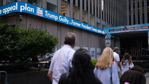 A news board displaying Donald Trump's conviction is seen at Fox News in New York City on May 30.