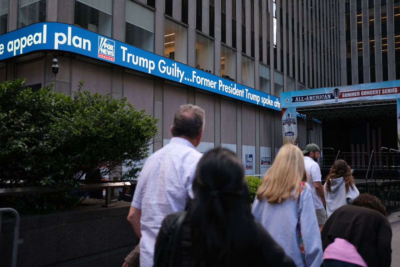 A news board displaying Donald Trump's conviction is seen at Fox News in New York City on May 30.