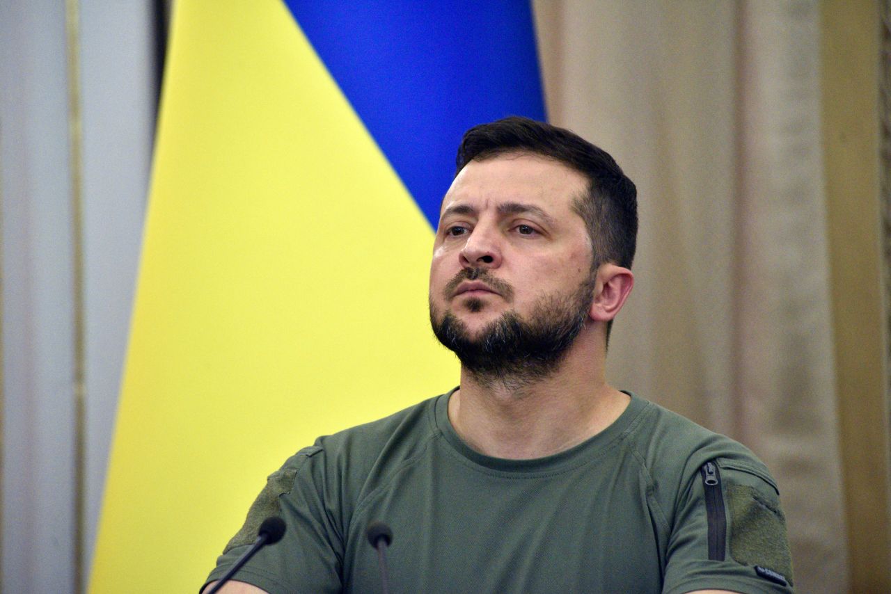 Ukrainian President Volodymyr Zelensky attends a press conference on August 18?in Lviv, Ukraine. 