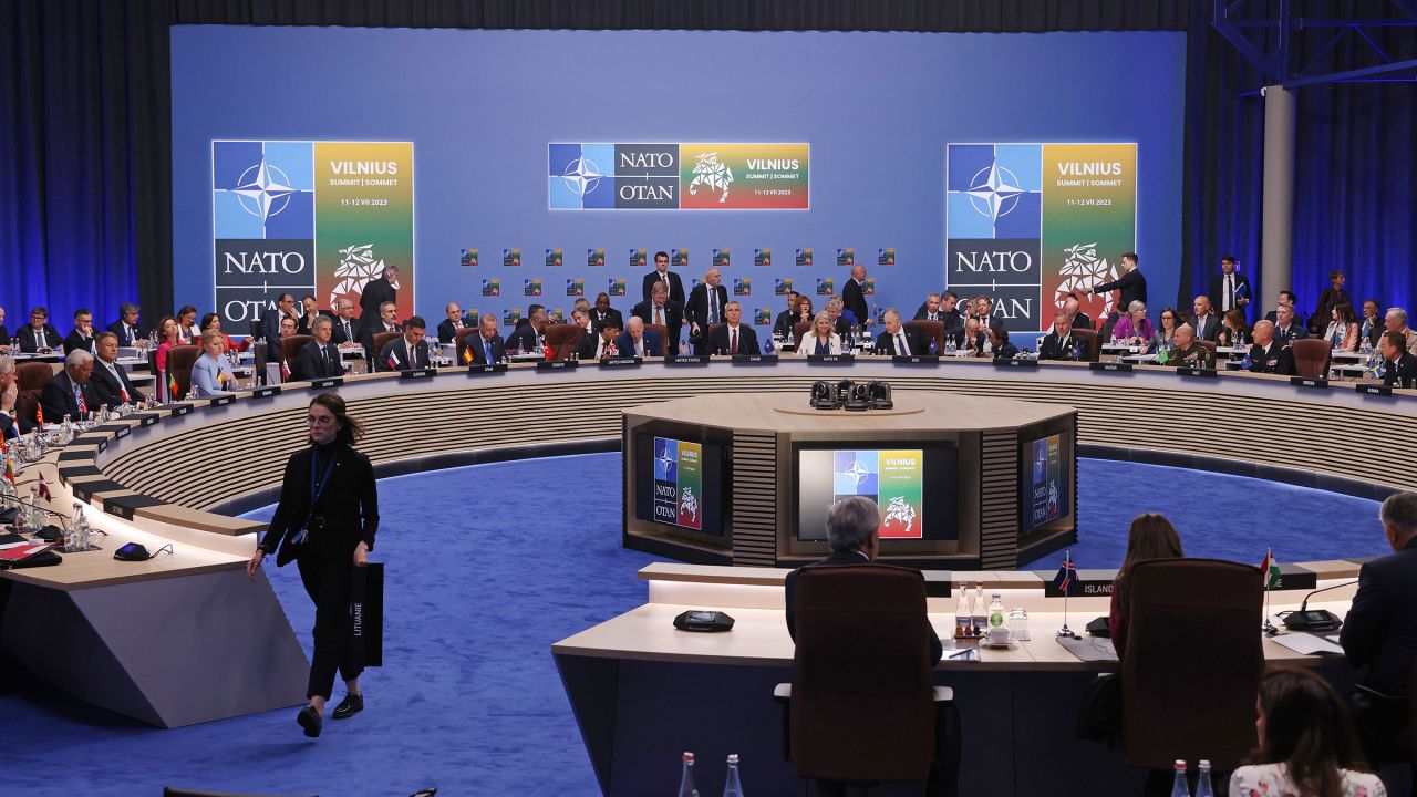 Leaders attend the opening high-level session of the 2023 NATO Summit on July 11, 2023 in Vilnius, Lithuania.