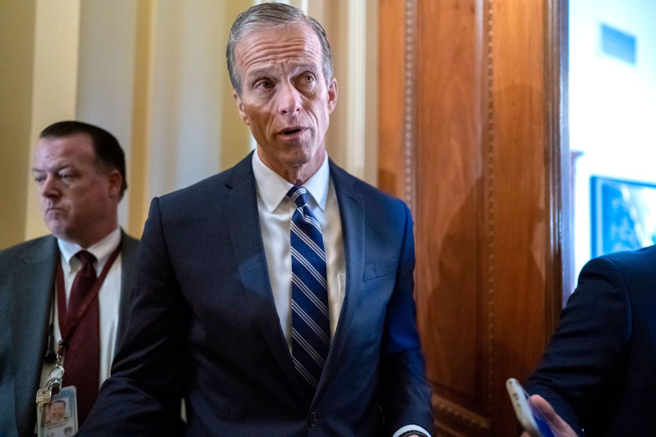 John Thune speaks with reporters on February 25.