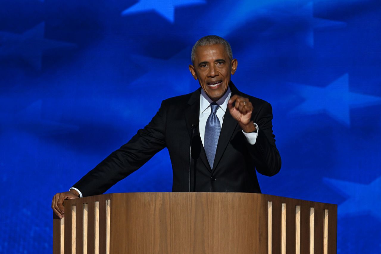 Former President Barack Obama speaks on Tuesday, August 20, in Chicago during the DNC.