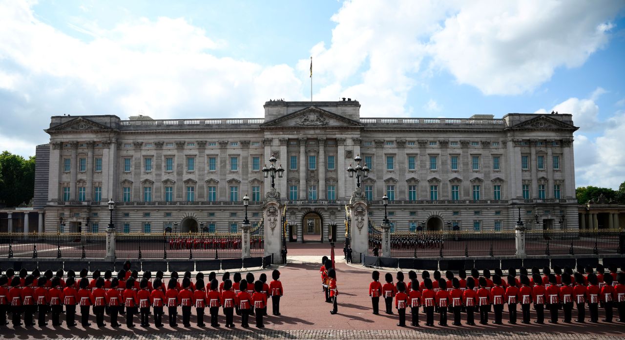 Units of the Household Cavalry and Household Division Foot Guards prepare at Buckingham Palace ahead of the procession on Wednesday.