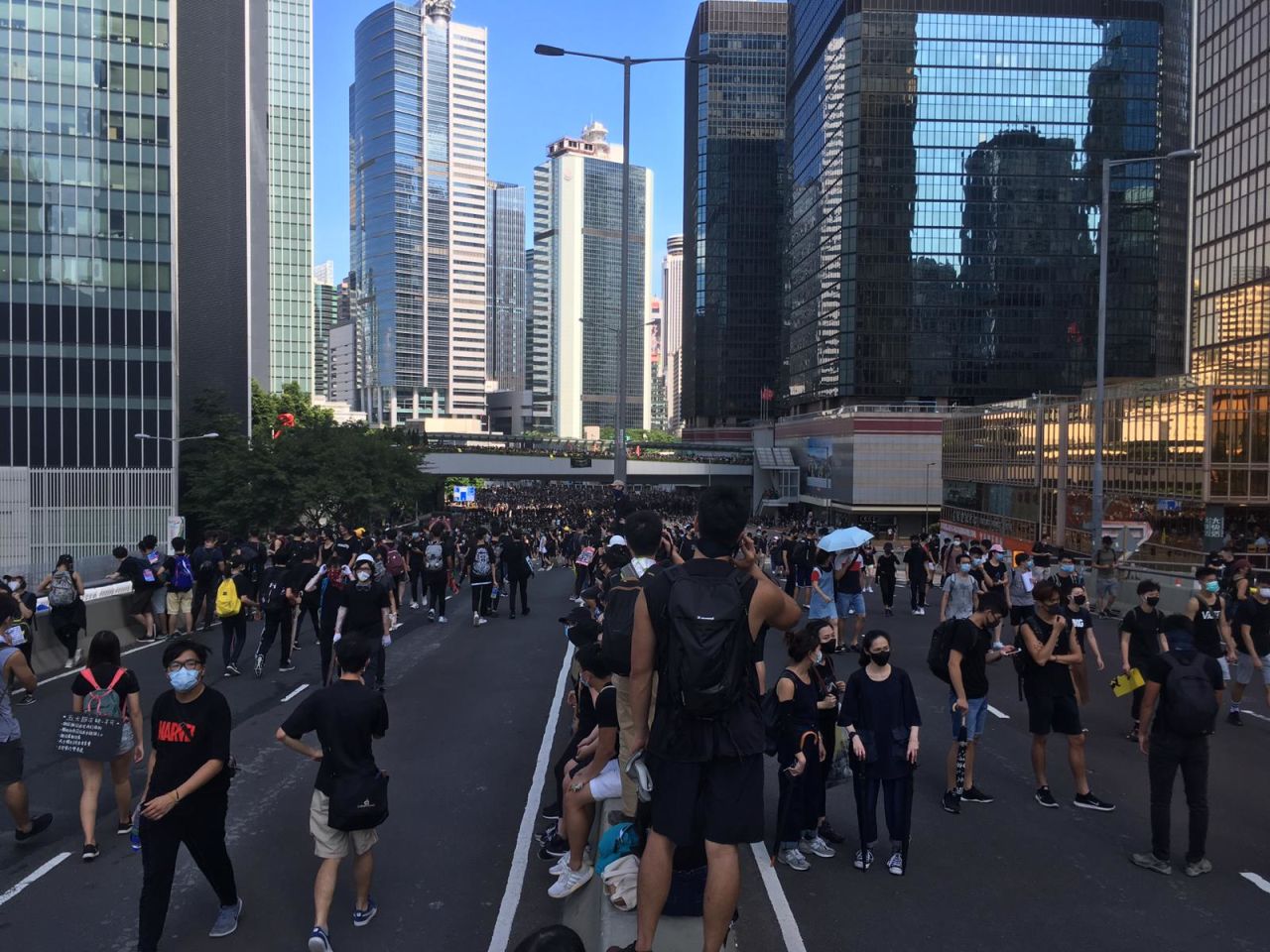 Protesters occupy Harcourt Road, a major thoroughfare on Hong Kong island, on Monday afternoon. 