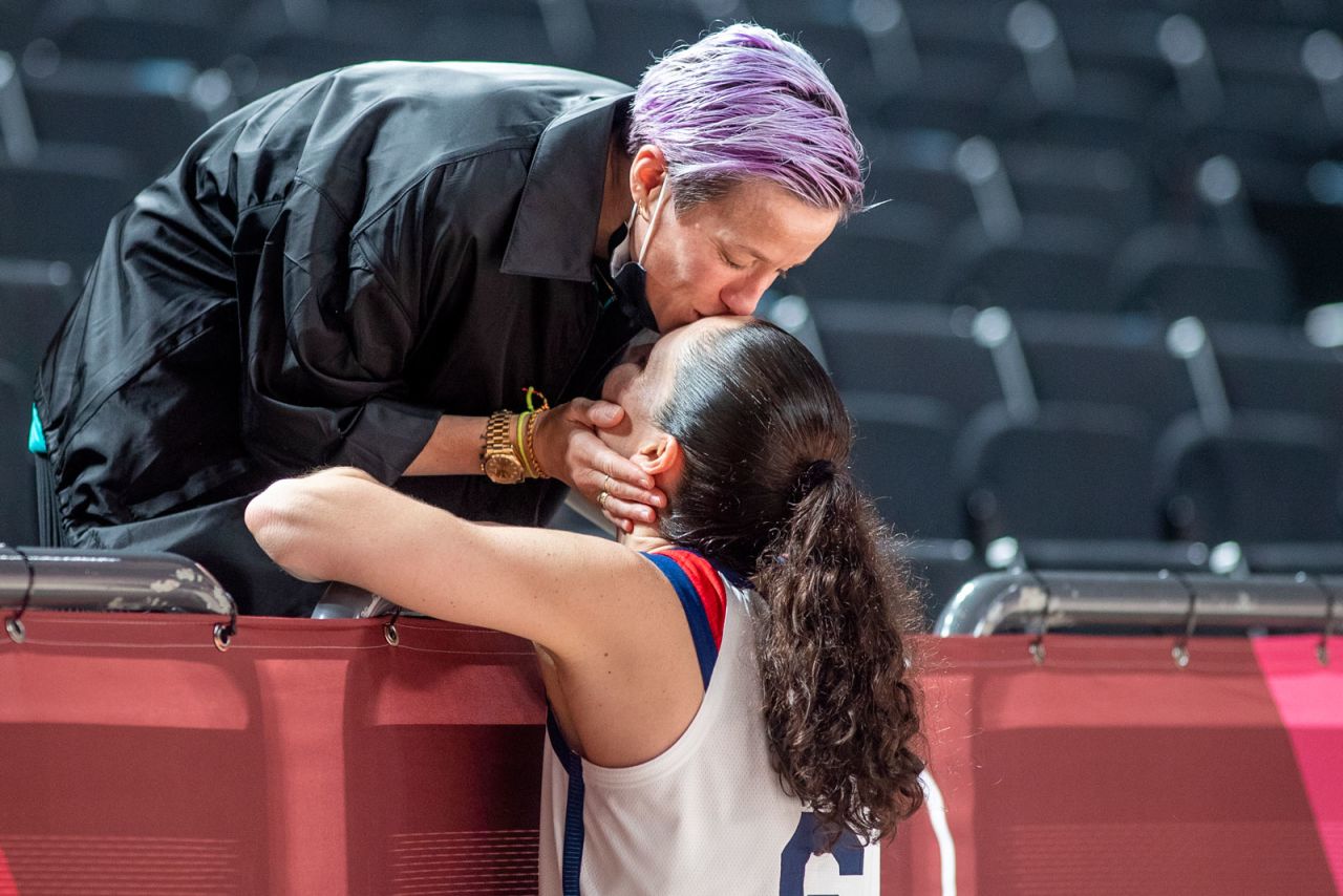Sue Bird is congratulated by her partner, football player Megan Rapinoe, after the United States' victory versus Japan in the women's basketball final on Sunday.