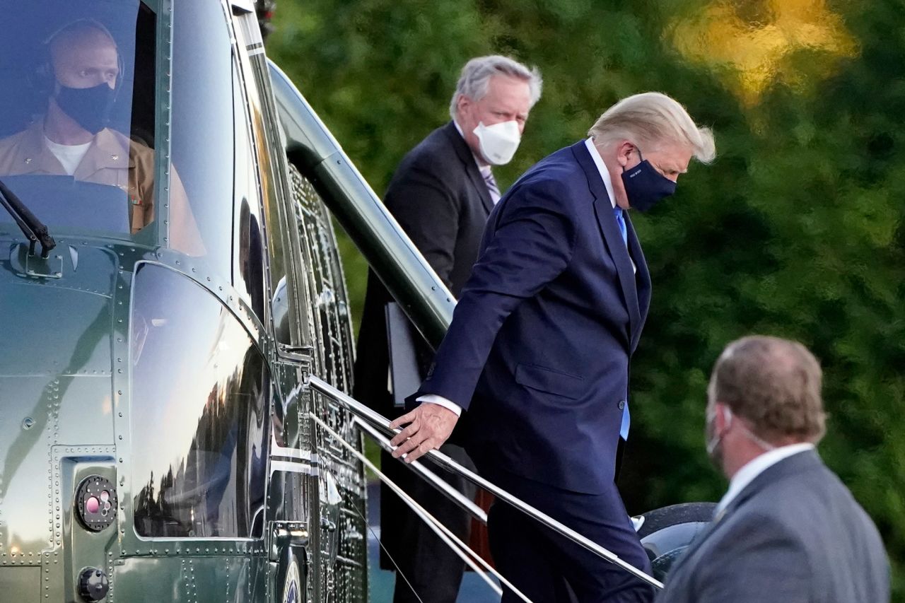 President Donald Trump arrives at Walter Reed National Military Medical Center, in Bethesda, Maryland, on October 2 on Marine One helicopter after he tested positive for COVID-19. 