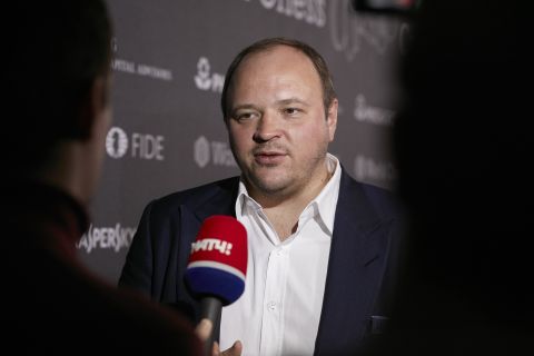 Andrey Grigoryevich Guryev, CEO of PhosAgro, speaks in an interview during the opening press conference of the World Chess Tournament on March 9, 2018 in Berlin, Germany.