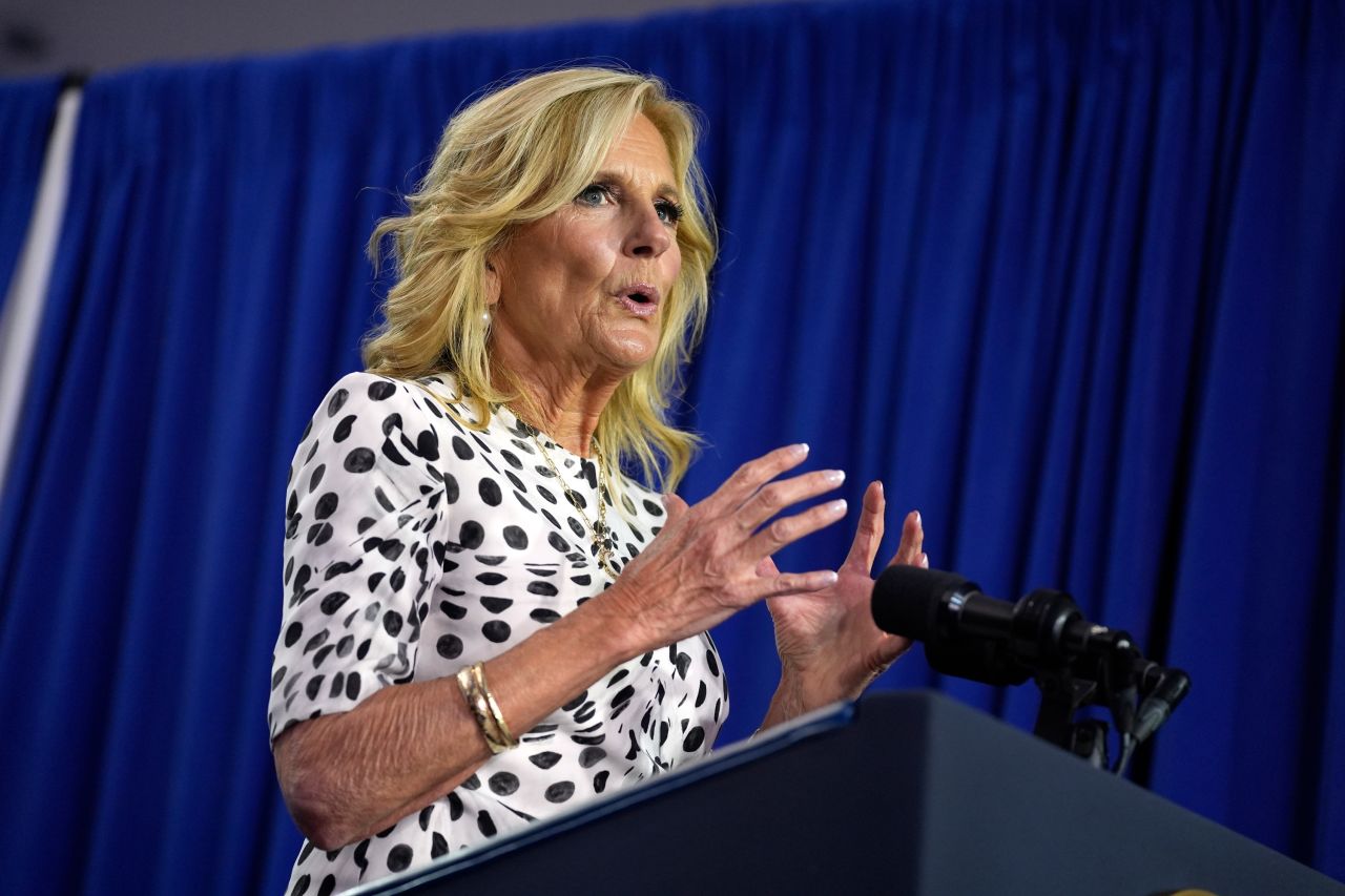 First lady Jill Biden speaks at the grand opening ceremony for the Stonewall National Monument Visitor Center on June 28, in New York.