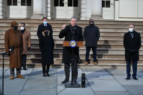 Mayor Bill de Blasio and members of New York's congressional delegation hold a press conference at City Hall in New York on January 9.